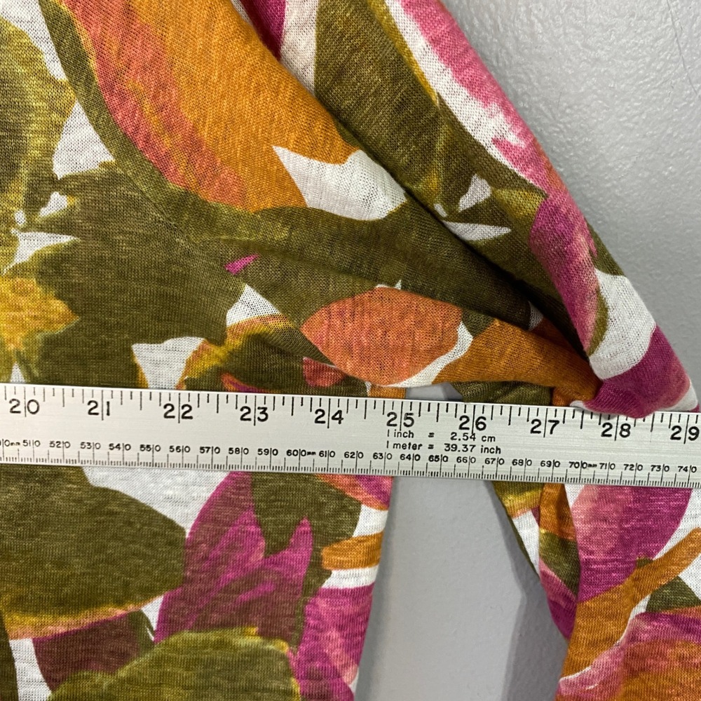 Tahari Womens 1X Linen Floral V-Neck Top 3/4 Sleeve Green Pink Tropical Blouse - Picture 5 of 10